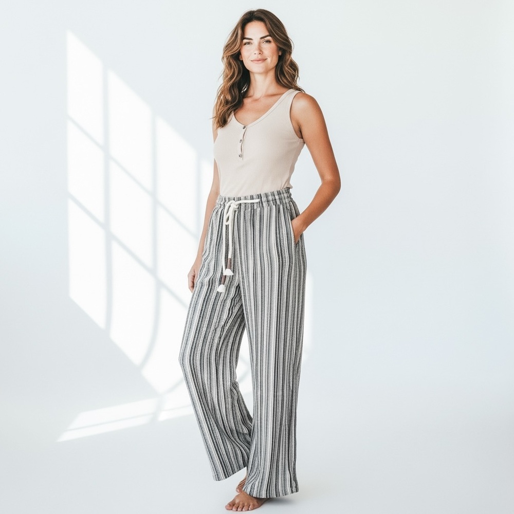 Mystree Vertical Striped Wide-Leg Elastic Waist Pants